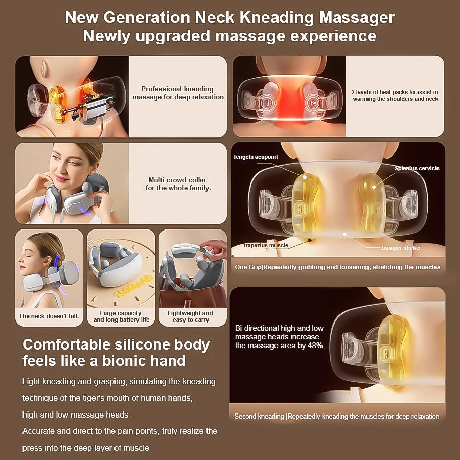 2025 Upgraded Wireless Neck and Shoulder Massager with Multiple Gears Hot Compress Function Simulated Finger Kneading Deep Relaxation for Trapezius Muscles Soreness Relief for Waist Arms and Legs