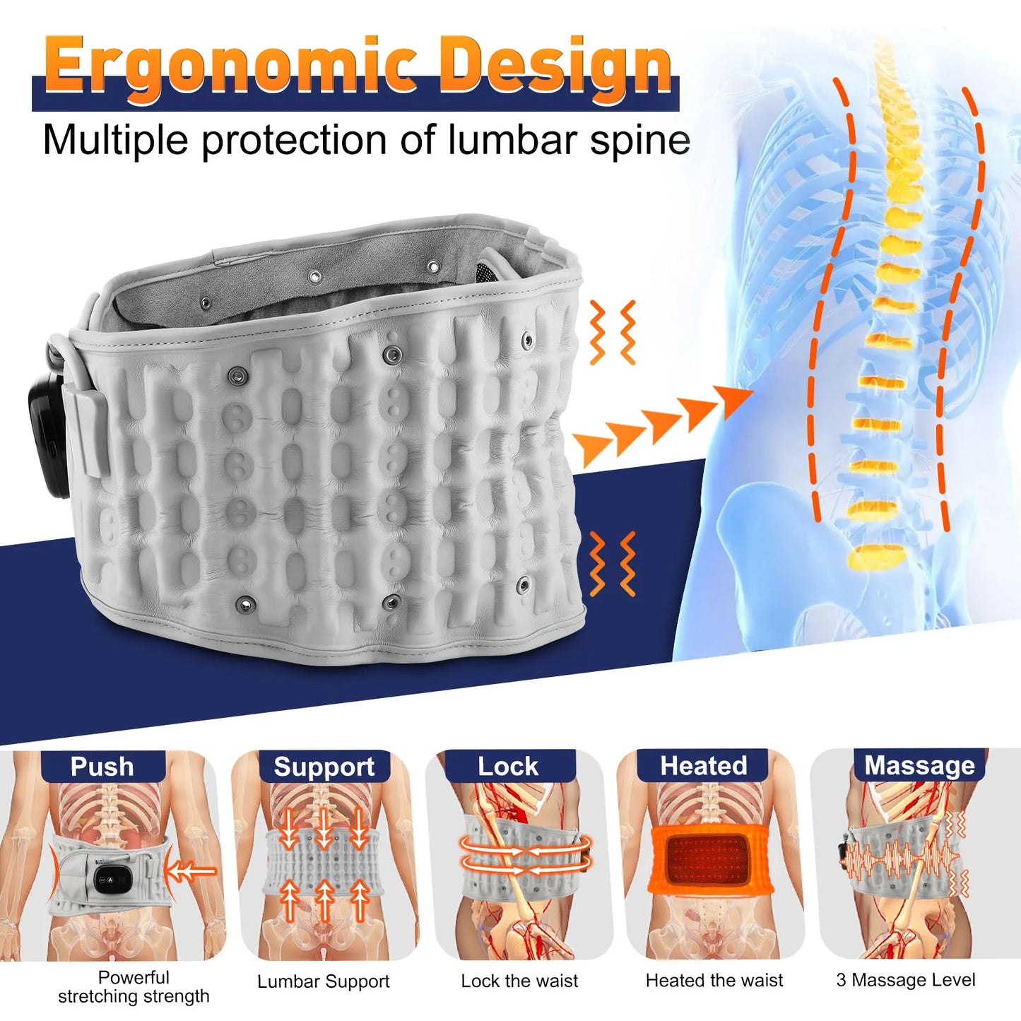 Heating Waist Vibration Massager LED Inflatable Airbag Belt with Air Pump Heated Back Protector Waist Muscle Relaxer Warmer