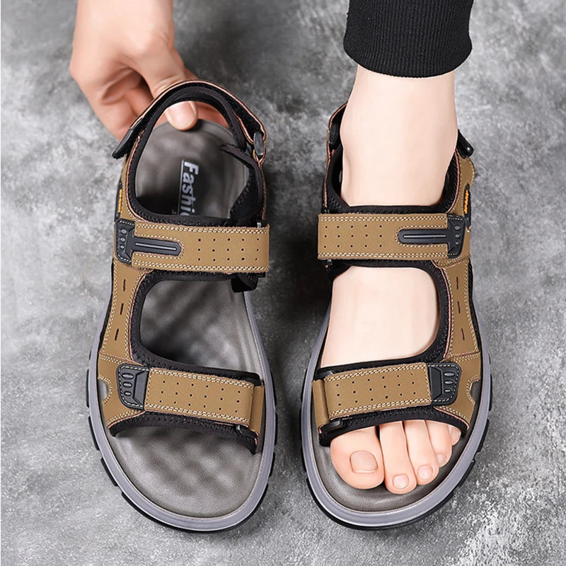 2024 New Cowhide Men's Sandals Summer Outdoor Non Slip Hiking Trekking Shoes Casual Beach Slippers