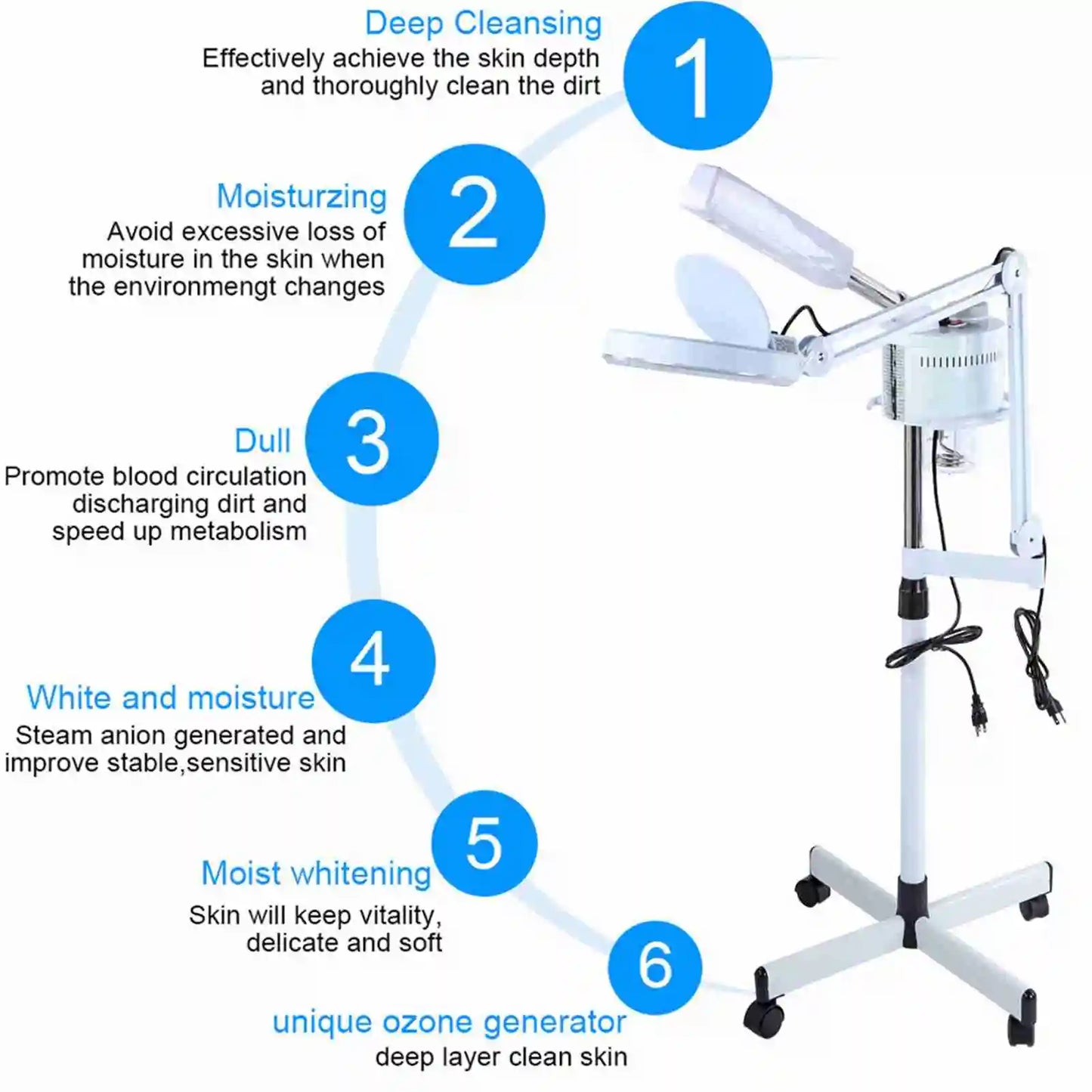 3 in 1 UV Facial Steamer Cold Light LED 5X Magnifier Floor Lamp Facial Steamer Machine Spa Salon