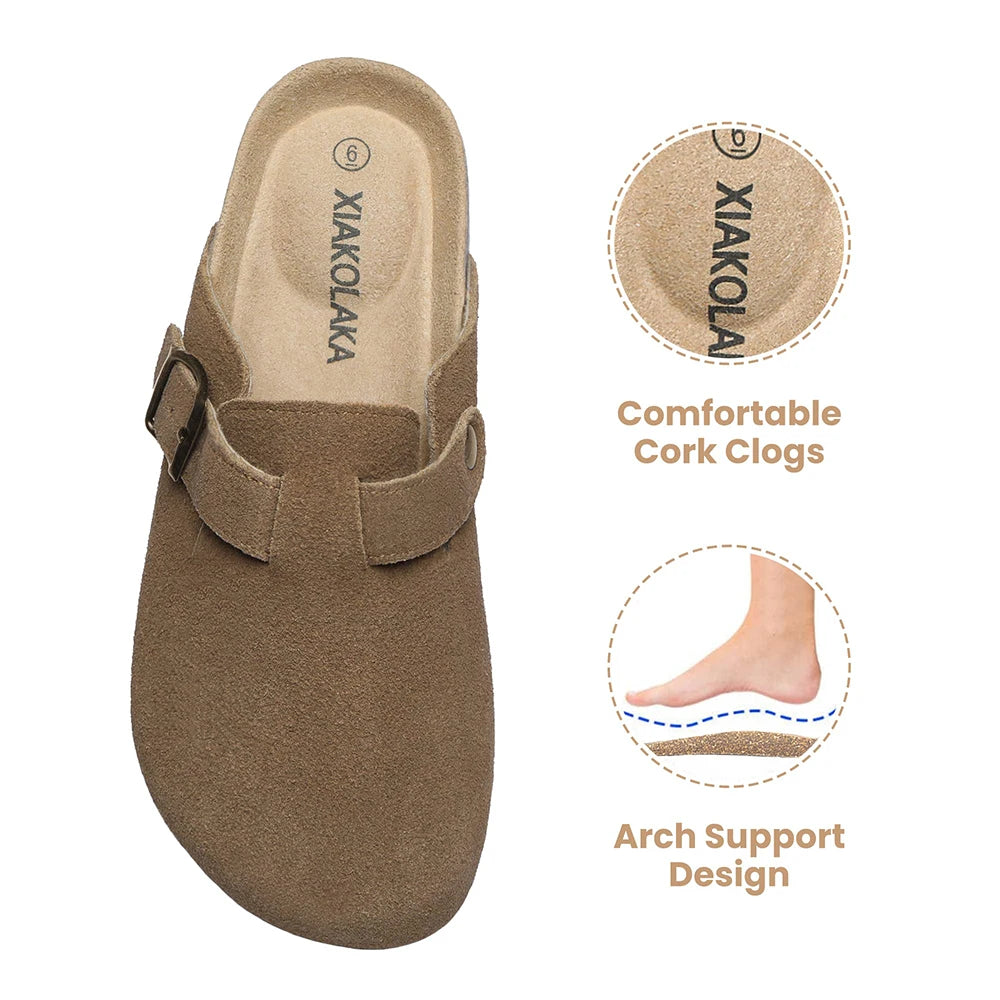 Women's Suede Clogs Shoes Adjustable Buckle Slip On Casual Fashion Footbed Home Clogs Flat Slippers New 2024