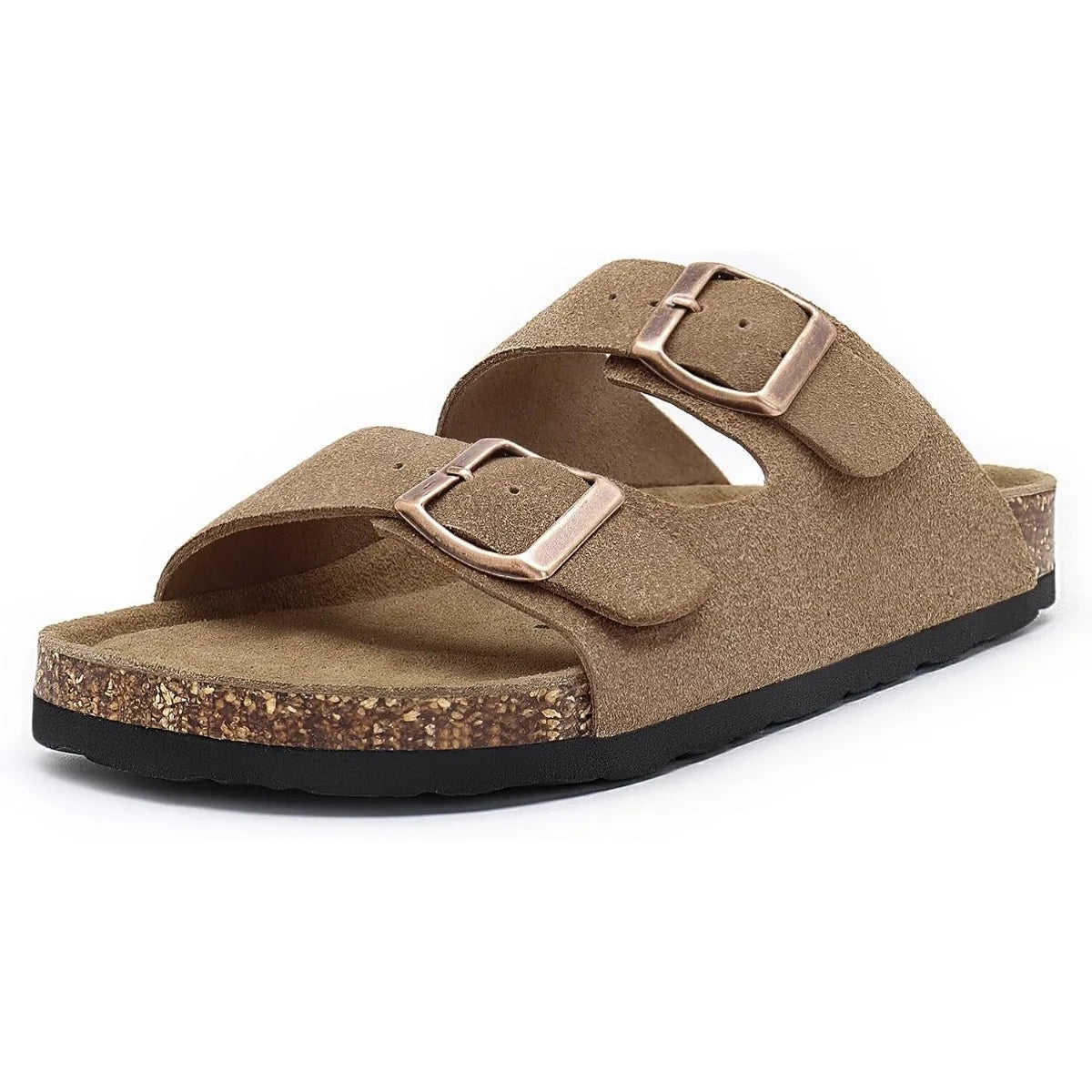Women's Flat Sandals Cork Footbed Slide Sandals Arch Support Slip On Slides with Adjustable Buckle
