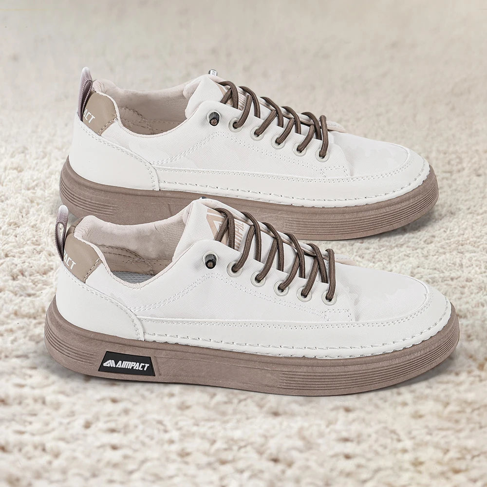 Beige Men's Punk Skate Shoes Leather and Canvas Breathable Elevated Platform Sneakers for Street Fashion and Casual Wear