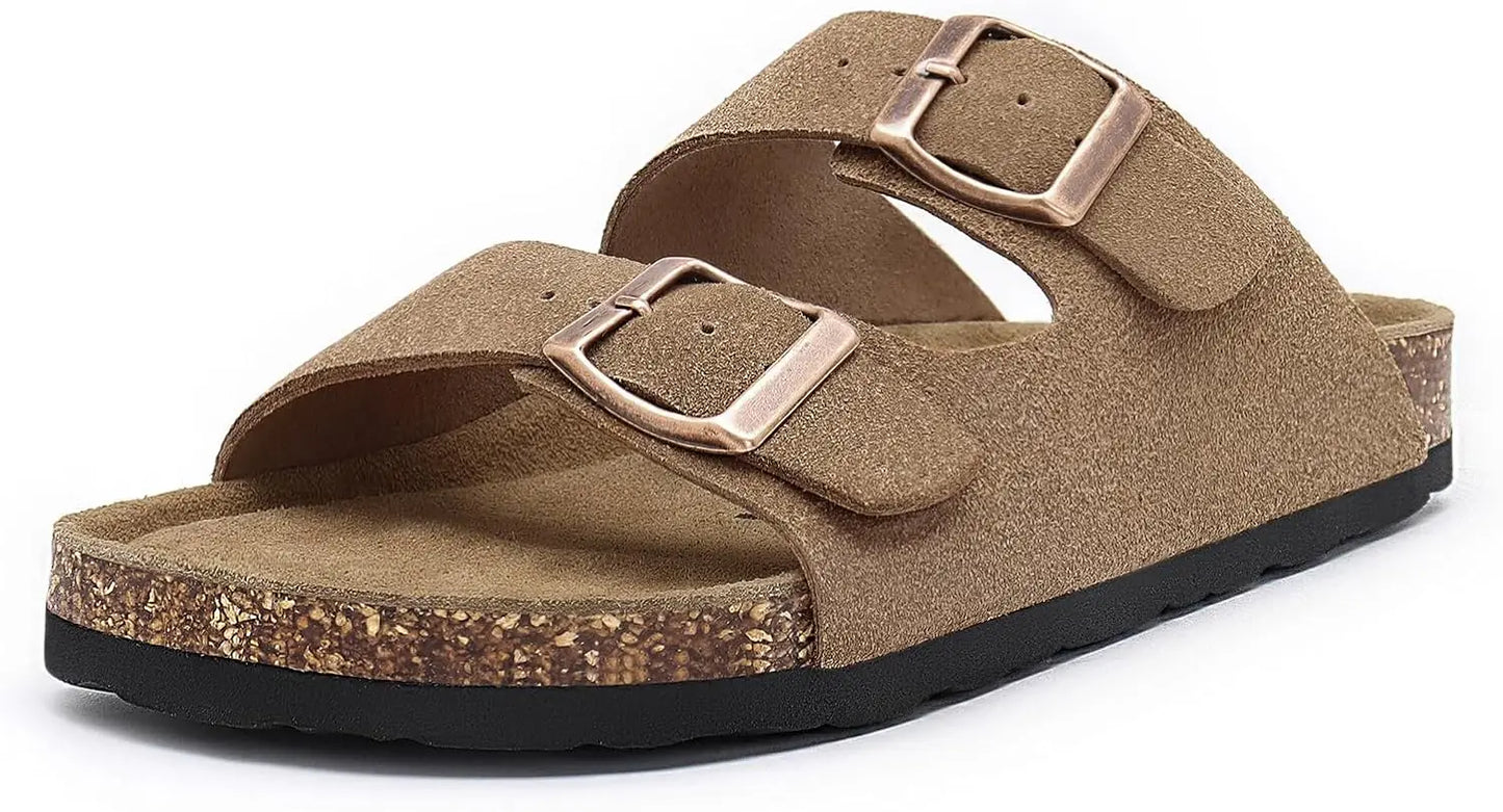 Women's Flat Sandals Cork Footbed Slide Sandals Arch Support Slip On Slides with Adjustable Buckle