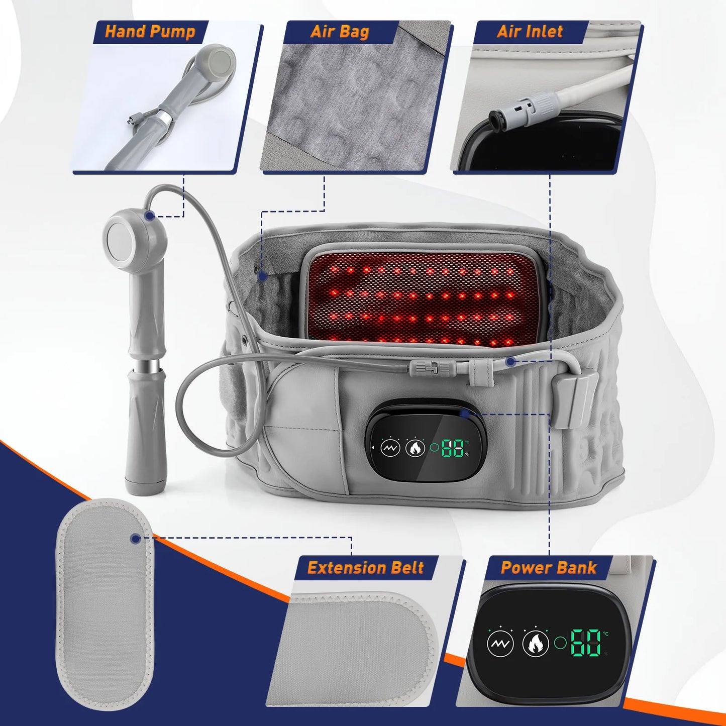 Heating Waist Vibration Massager LED Inflatable Airbag Belt with Air Pump Heated Back Protector Waist Muscle Relaxer Warmer