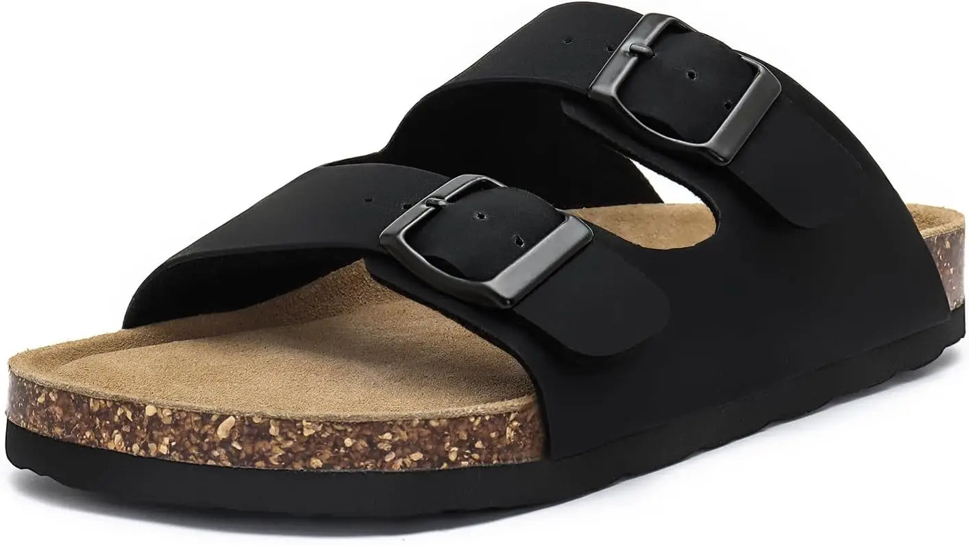 Women's Flat Sandals Cork Footbed Slide Sandals Arch Support Slip On Slides with Adjustable Buckle