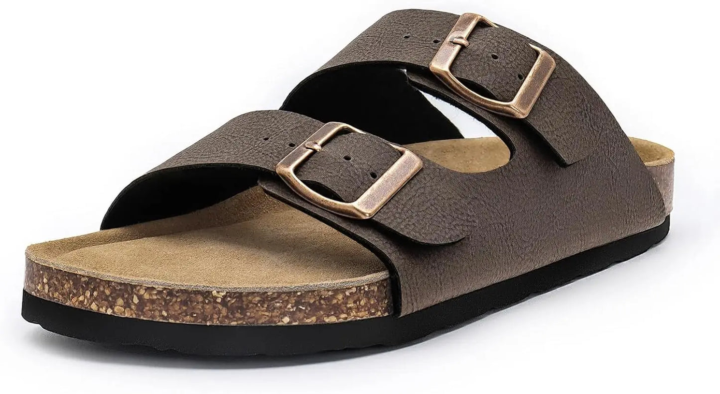 Women's Flat Sandals Cork Footbed Slide Sandals Arch Support Slip On Slides with Adjustable Buckle