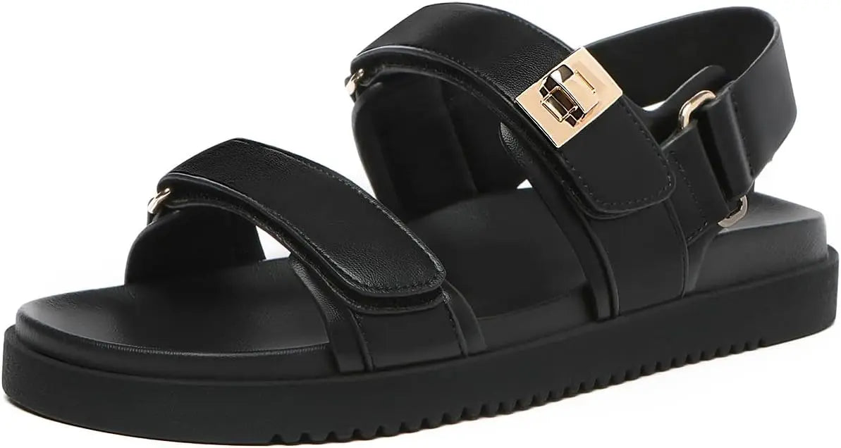 Women's Flat Sandals Comfort Adjustable Double Strap Slip on Leather Footbed Sandals shoes for women