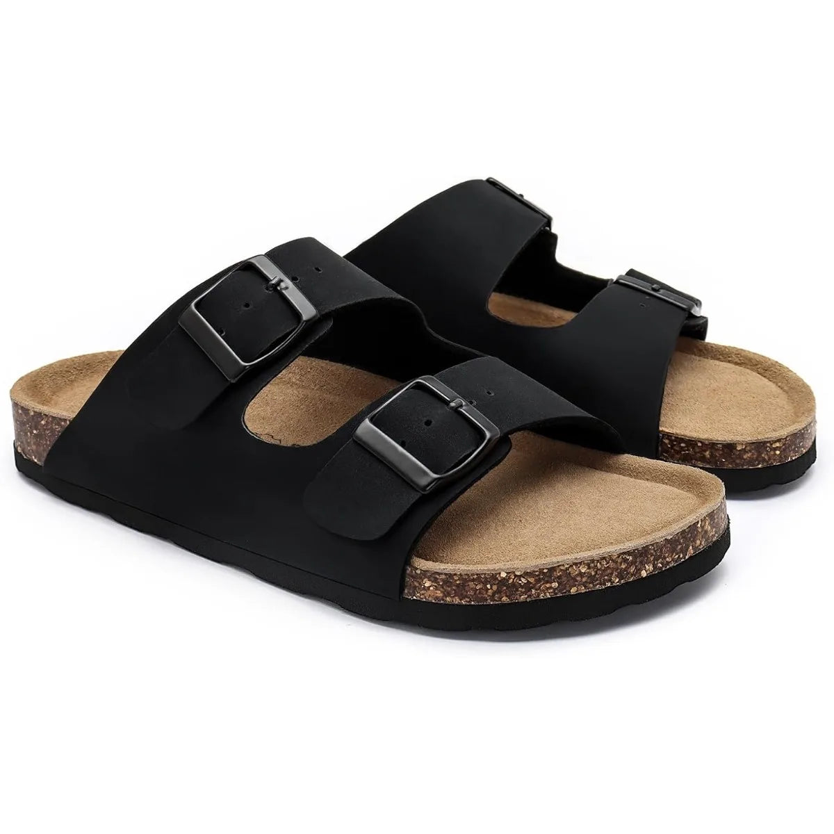 Women's Flat Sandals Cork Footbed Slide Sandals Arch Support Slip On Slides with Adjustable Buckle