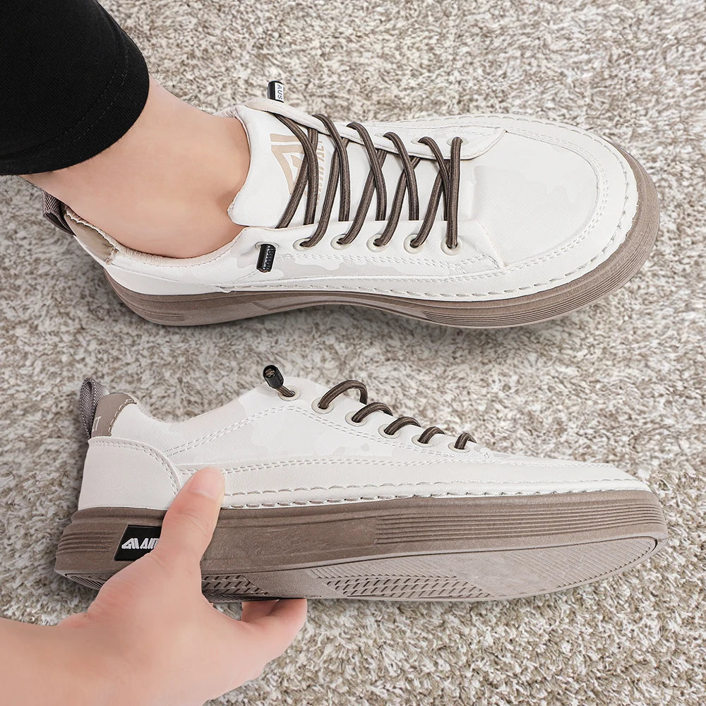 Beige Men's Punk Skate Shoes with Leather and Canvas Breathable Thick Platform for Streetwear and Casual Wear