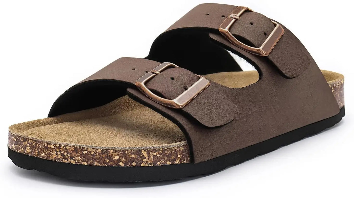 Women's Flat Sandals Cork Footbed Slide Sandals Arch Support Slip On Slides with Adjustable Buckle